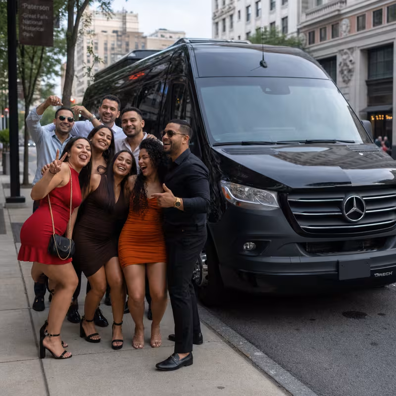 Group boarding a white charter bus for Bachelor & Bachelorette Transportation transportation in Paterson