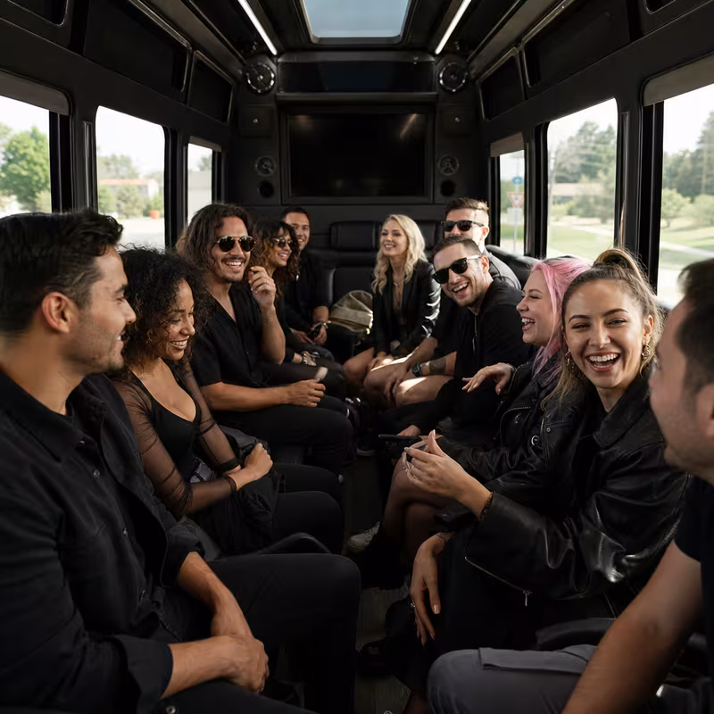 Group boarding a white charter bus for Concert Transportation transportation in Paterson