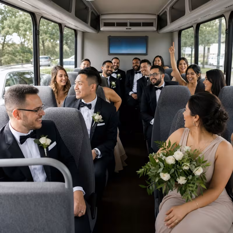 Group boarding a white charter bus for Wedding Transportation transportation in Paterson