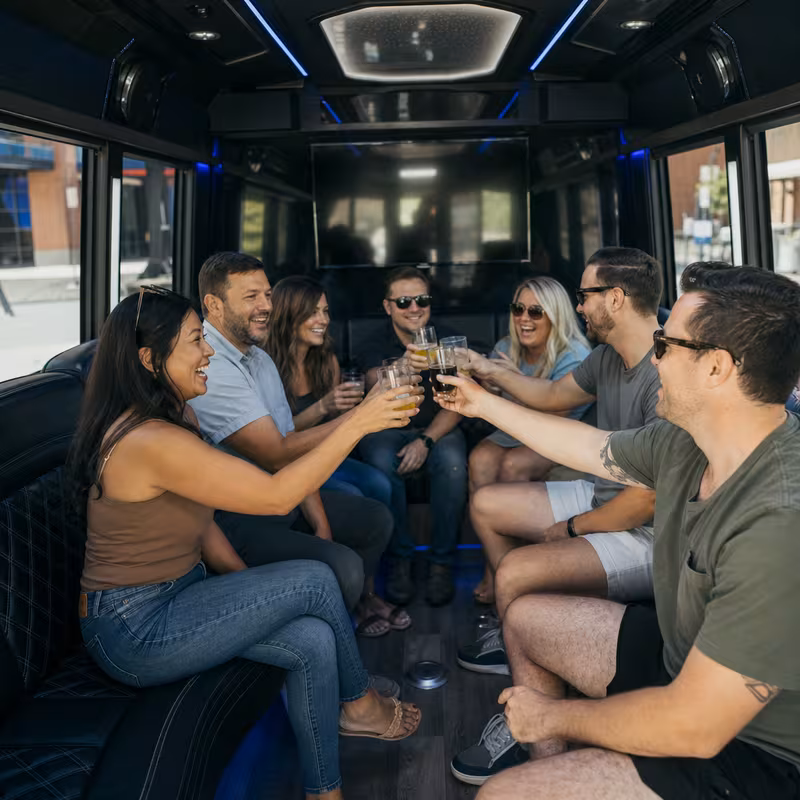 Group boarding a white charter bus for Winery & Brewery Tour Transportation transportation in Paterson